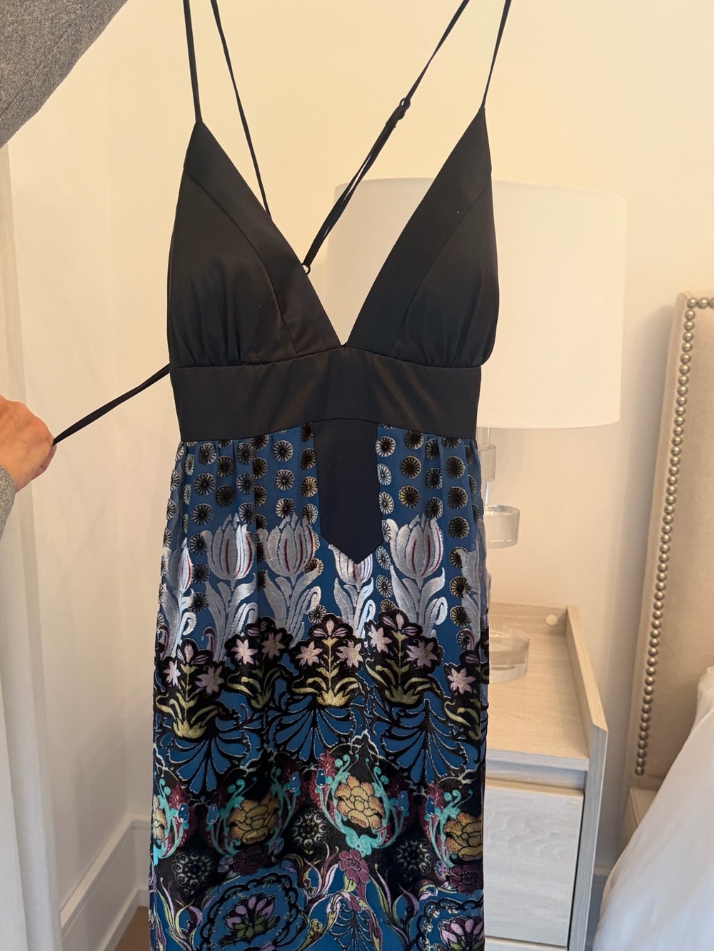 Black Bodice Floral-Print Mini Dress in Blue